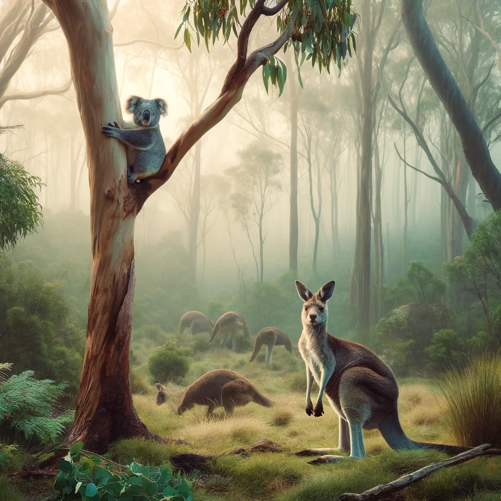 DALL·E 2024-04-18 21.20.39 - Serene Australian bushland scene featuring a koala perched in a eucalyptus tree and a kangaroo standing or grazing nearby on the grassy underbrush. Th